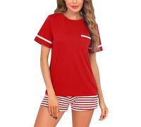 Reliwel Women's Pyjamas Short Set Summer Cotton Ladie's Pjs and Short Loungewear Soft Pyjama Nightwear Sleepwear Lightweight with Pockets Red L