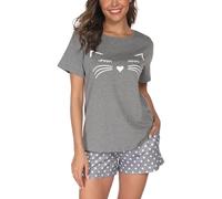 Reliwel Women's Pyjamas Short Set Summer Cotton Ladie's Pjs and Short Loungewear Soft Pyjama Nightwear Sleepwear Lightweight with Pockets Gray XXL