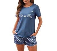 Reliwel Women's Pyjamas Short Set Summer Cotton Ladie's Pjs and Short Loungewear Soft Pyjama Nightwear Sleepwear Lightweight with Pockets Blue XXL