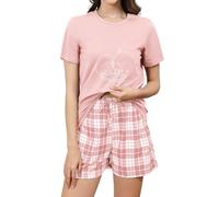 Reliwel Women's Short Pyjamas Women's Comfortable Cotton Short Sleeve Pyjama Set Two Piece Crew Neck Shirt and Shorts Cat Eyelash Printed Sleepwear, A#pink, M