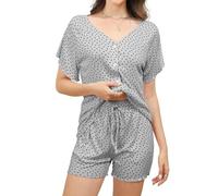 Reliwel Women's Short Ribbed Pyjamas, Women's Cotton Summer Shorty Sleepwear with Button Placket, Short Sleeve, V-Neck, Two-Piece T-Shirt and Shorts with Floral Print, Leisure Suit, gray, M