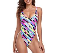 RELLECIGA Plunge Women's One Piece Swimsuit, Neon Stripes, L