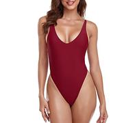 RELLECIGA Women's High Cut Low Back One Piece Thong Swimsuit for Women, Wine Red, Medium