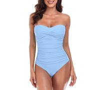 RELLECIGA Women's Tummy Control One Piece Swimsuit Bandeau Strapless Bathing Suits, Sea Blue, XXL