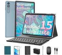 Relndoo 2025 Android 15 Tablet with Keyboard, 24GB+128GB+2TB Expand, 10.1 Inch Octa-Core 2-in-1 Tablets with 5G/2.4G WiFi, 8000mAh, BT5.0, GMS Certified, with Mouse, Case, Stylus, Split Screen(Green)