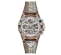 GUESS Women's Round Silver Dial Analogue Watch Brown Silicone Strap with Buckle Clasp