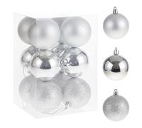 RELONGGI Christmas Tree Baubles, 12pcs 6cm Pre-Strung Baubles, 3 Style Shatterproof Ornaments for Birthday, Halloween, Holiday, Wedding, Christmas Tree Decorations (Silver, Middle)