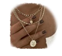 RELOVET Gold Layered Necklaces for Women Coin Portrait Pendant Necklace Crystal Trendy Retro Chunky Necklace Gifts for Her (gold)