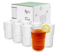 RÉΑLWÁY 17oz Shatterproof Ribbed Glasses, Plastic Tumblers for Poolside - Clear Acrylic Cups, Stackable & Reusable, Dishwasher Safe Drinkware - Set of 8
