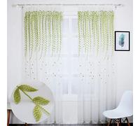 Rely2016 Willow Window Curtain, 2PCS Embroidered Willow Leaves Voile Sheer Curtain Panels Tulle Room Salix Leaf Sheer Gauze Curtain for Living Room, Bedroom, Balcony - Rod Pocket Top (100 x 200cm)
