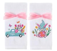 Remagr 2 Pack Easter Hand Towels Bathroom Cotton Embroidered 13.7'' x 29.5'' Pastel Happy Spring Easter Hand Bath Towel Decorations with Ribbon Bunny Egg Dish Tea Towel Set for Drying Cleaning(Gnome)