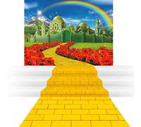 Remagr 2 Pcs Halloween Yellow Brick Runner and Castle Backdrop Removable Yellow Brick Floor Runner Leading into Floral Land Rainbow Home Flower Decor Photography for Room Party Dorm Cosplay
