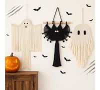 Remagr 3 Pcs Halloween Macrame Ghost Bat Wall Decor Handmade Ghost Wall Hanging Halloween Boho Decorations, Spooky Season Decor for Home Decorations