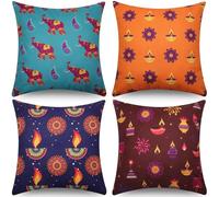 Remagr 4 Pcs Diwali Throw Pillow Covers Indian Ethnic Home Decorations 18 x 18 Inches Colorful Cushion Couch Sofa Pillowcases Diwali Holiday Supplies for Home Festival Mehndi Decorations