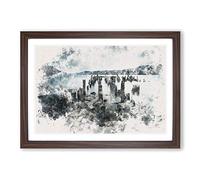 Remains of a Jetty in Loch Ness Watercolour Framed Print | A2 Walnut Framed Wall Art | Ready to Hang | Modern Historical Picture | Living Room Bedroom Lounge Office