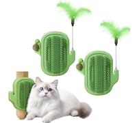 Remedare 2-in-1 Stick-On Corner Cat Scratcher & Grooming Brush 2 Pack - Includes Catnip & Teaser Wand for Indoor Cats, Self-Cleaning Massage Toy(Green)