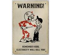Remember Kids Electricity Will Kill You Warning Vintage Metal Tin Sign Retro Iron Painting Tin Signs Plaque Poster for Home Coffee Man Cave Garage Pub Wall Decor 12x16 Inch