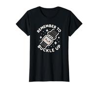 Remember to Buckle Up Cute Seat Belt Character Value Graphic T-Shirt, Women, Black, S