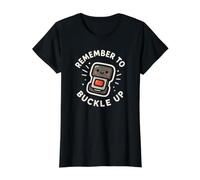 Remember to Buckle Up Cute Seat Belt Character Value Graphic T-Shirt, Women, Black, S