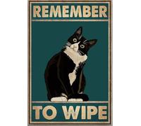 Remember To Wipe Black Cat Metal Signs - Plaques Tuxedo Cat Bathroom Restroom Wall Decor, Aluminum 6x8 Inch