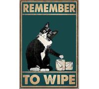 Remember To Wipe Metal Signs - Plaques Black Cat Bathroom Restroom Wall Decor, Tuxedo Cat Aluminum 6x8 Inch