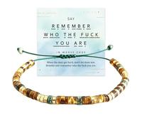 Remember Who The Fuck You Are Morse code Bracelet, Strong As Fuck Tiger Eye Turquoise Handmade Bead Wrap Bracelet, Hidden Message Motivational Healing Bracelets Jewelry Gift