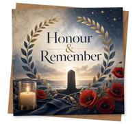 Remembrance Card, Honour & Remember Memorial Sympathy with Coastal Sunset, Laurel Wreath and Poppy Floral Design