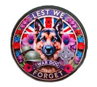 Remembrance Day Collectibles War Dog Memorial Enamel Pin Badge, Lest We Forget Design with Union Jack, Purple and Red Floral Border, 44mm Round, Base Metal