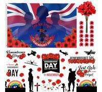 Remembrance Day Decorations, 15Pcs Artificial Poppy Flower Decorations, 9 Sheets Remembrance Day Window Stickers, Lest We Forget Flag - 150 * 90cm (5 * 3ft), Armed Forces Day Garden Grave Decor