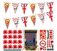 Remembrance Day Decorations Set, Lest We Forget Bunting 5m, Poppy Stickers 4 Sheets, Silk Poppy Flowers Artificial with Stem 16 Pieces, Waterproof Poppy Flag Doubleside Static Window Cling