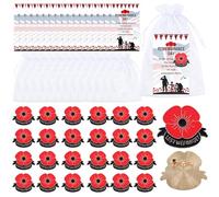 Remembrance Day Poppy Pin Badges - 24 Sets Eiapadeor Memorial Cards Favor with Organza Bags, Red Poppy Badges and Pins 2025, for Lest We Forget Remembrance Day Veterans Memorial Day Presents