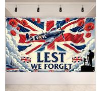 Remembrance Day Spitfire Poppy Backdrop, Lest We Forget Banner | Honor the fallen with a vintage aircraft, Union Jack flags, clouds, and a meaningful “Lest We Forget” message