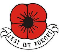 REMEMBRANCE SUNDAY POPPY DAY STICKER "LEST WE FORGET" - 2 sizes available, Ideal for cars, tablets, laptops, phones, scooters... (Large)
