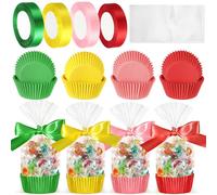 Remerry 100 Pcs Clear Goody Party Favor Treat Bags, Cupcake Liners with Plastic Candy Bag and Ribbons for Thanksgiving Day, Halloween, Christmas Birthday Party Favor(Green, Yellow, Pink, Red)