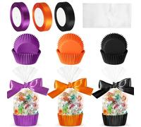 Remerry 100 Pcs Clear Goody Party Favor Treat Bags, Cupcake Liners with Plastic Candy Bag and Ribbons for Thanksgiving Day, Halloween, Christmas Birthday Party Favor(Purple, Orange, Black)