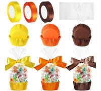 Remerry 100 Pcs Clear Goody Party Favor Treat Bags, Cupcake Liners with Plastic Candy Bag and Ribbons for Thanksgiving Day, Halloween, Christmas Birthday Party Favor(Orange, Yellow, Brown)