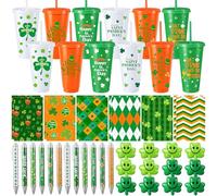 Remerry 12 Pack St. Patrick's Day theme Gift Irish Party Favor Set Includes 24oz Shamrock Tumbler with Lid Notebooks Ballpoint pens Clover Stress Balls Treat Bags for Irish Holiday Luck Party Supply