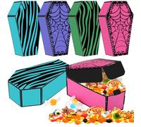 Remerry 24 Pcs Halloween Party Coffin Boxes for Treat Candy Snack High School Black Goodie Bags Scary Sweet Treat Bags Bad Two the Bone Party Decorations Halloween Candy Bowl Coffin Tray