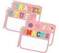 Remerry 4 Pack Chenille Letter Bag Clear Monogram Cosmetic Makeup Bag Travel Snack Beach Stuff Patch Pouch Preppy Gifts for Women Girls, Pink, Cute