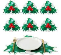 Remerry 6 Pcs Christmas Placemats Leather Triple Leaf Holly Berries Place Mats Washable Non-Slip Seasonal Winter Table Mats for Christmas Decoration Kitchen Dining Table Holiday Party