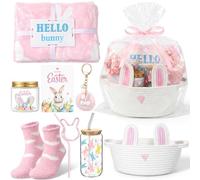 Remerry 9 Pieces Easter Gifts Set Pink Basket Gifts Bunny Eggs Throw Blanket 16oz Tumbler Scented Candle Keychain Pink Socks Hair Tie Rabbit Straw Thanks Card for Women Friends Sister Girls