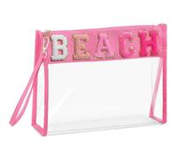 Remerry Clear Chenille Letter Makeup Bag Stand up Snack Bags Preppy Cosmetic Pouch Expandable Clear Travel with Wrist Strap Zipper Portable Multipurpose PVC Nylon for Women Travel, Pink, Beach
