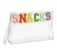 Remerry Clear Chenille Letter Makeup Bag Stand up Snack Bags Preppy Cosmetic Pouch Expandable Clear Travel with Wrist Strap Zipper Portable Multipurpose PVC Nylon for Women Travel, White, Snack