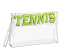 Remerry Clear Chenille Letter Makeup Bag Stand up Snack Bags Preppy Cosmetic Pouch Expandable Clear Travel with Wrist Strap Zipper Portable Multipurpose PVC Nylon for Women Travel, White, Tennis