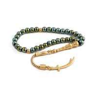 Remi Bijou prayer chain Tesbih 33 beads with Zülfikar pendant 'Ay Ali' Sword of Ali, Dhū l-faqār, Zulfiqar, Zulfikar Green Gold