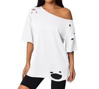 Remidoo Women Distressed Ripped Off The Shoulder Tops Summer Sexy Short Sleeve Oversized Tshirt, White, M
