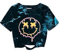 Remidoo Women's Casual Short Sleeve Graphic Print Tie Dye Crop Top T Shirt, Smile Black Purple, XS