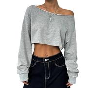 Remidoo Women's Off the Shoulder Cropped Sweatshirt Asymmetrical Neck Long Sleeve Crop Tops, Gray, M