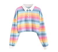 Remidoo Women's Striped Crop Top Sweatshirt Long Sleeve Collared Half Button Pullover Rainbow Shirt, Pink, S