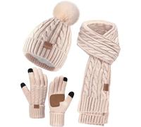 Remifa Winter Beanie Hat Set for Women Scarf and Gloves for Women 3 Pieces Pom Pom Beanie Hat Touch Screen Long Neck Glove Kint Scarf for Christmas Gift, A4 Oatmeal, One size